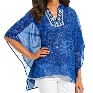 Tommy Bahama Blue And White Ombre Cobalt Blossoms Hooded Kaftan Top Size S